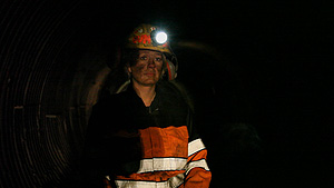 Still image of Arctic Miner Linda Norberg from Janet Biggs Video 'Brightness All Around'