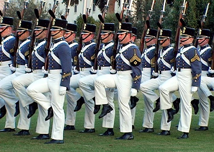 Still of polar Citadel Drill Team  from Janet Biggs' video installation, 'Like Tears in Rain'